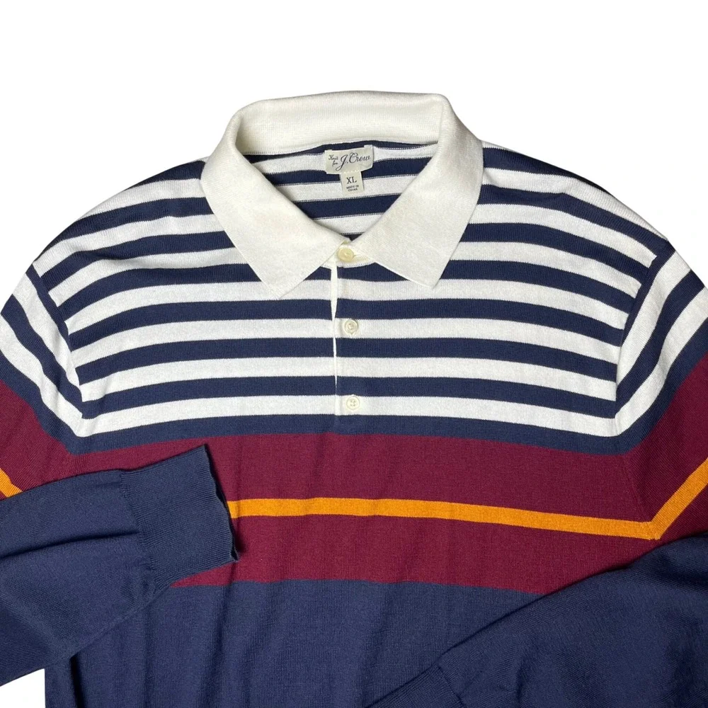 J. Crew Polo Sweater Mens XL Navy Blue Striped Long Sleeve Cotton Knit